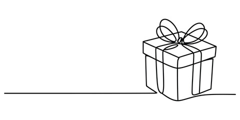 Continuous line drawing of a gift box with a bow, minimalist style.