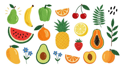 Colorful collection of hand-drawn textured fruits and botanicals. Summer food set with pineapple, avocado, and watermelon illustrations