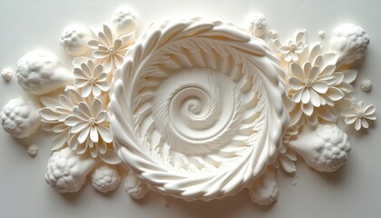 White swirling floral relief art creates complex textured pattern. Three dimensional design features delicate blossoms, organic shapes on smooth surface. Offers elegant aesthetic for backgrounds