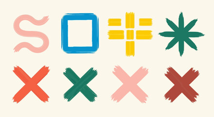 Fototapeta premium A playful collection of hand-drawn abstract shapes and symbols with a brushstroke texture. Set includes colorful crosses and geometric forms