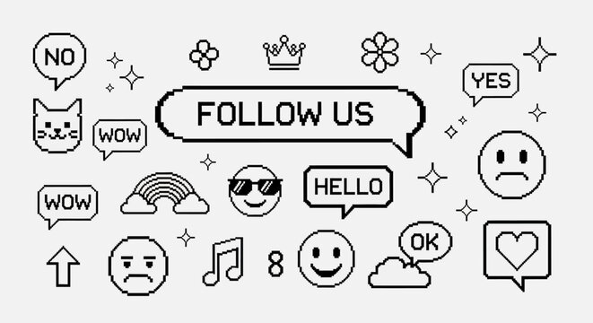 Set of pixel art icons for social media engagement, including follow us speech bubble, emoticons, and retro 8-bit symbols