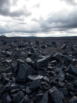 Jagged obsidian field, sharp volcanic rock glistening under moody skies, signs of past eruption,  danger,  texture