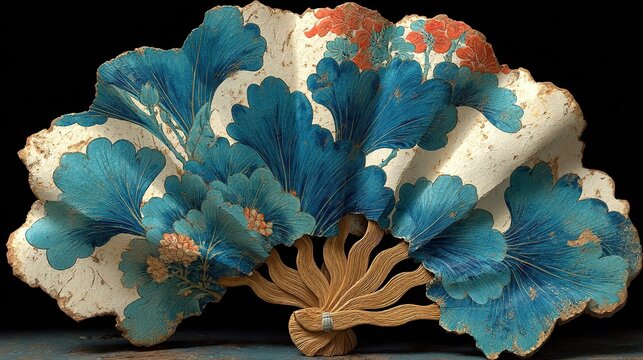 Artistic Fan with Blue Ginkgo Leaves and Floral Patterns