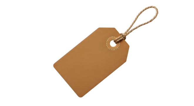 A blank brown paper tag with a string loop, isolated on a transparent background, perfect for price, gift, or product labeling
