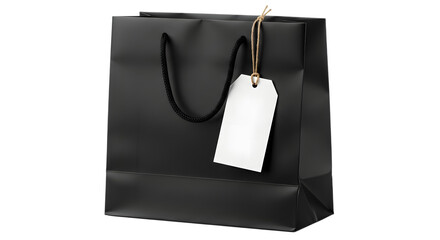 A plain black shopping bag with a blank white tag hanging from its handle, isolated on a transparent background