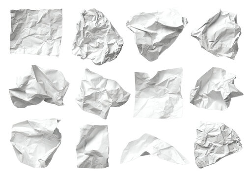 Crumpled white papers, varying shapes, isolated on black