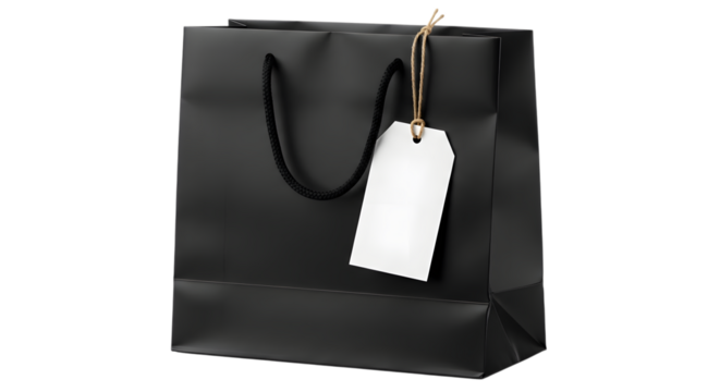 A plain black shopping bag with a blank white tag hanging from its handle, isolated on a transparent background
