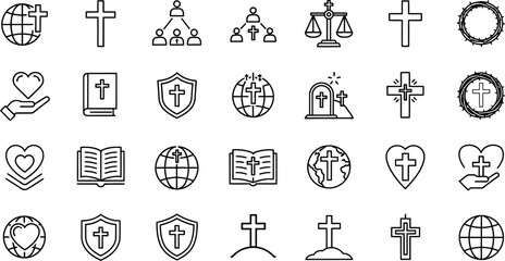 Christian religion faith symbols simple outline icon vector set