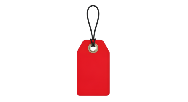 A bright red rectangular tag with rounded corners and a black string loop, isolated on a transparent background