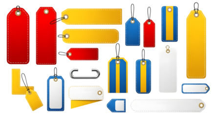 Collection of various blank price tags and labels in different shapes, colors, and sizes, isolated on transparent background