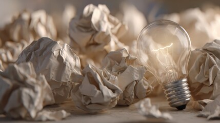 Bright light bulb surrounded by crumpled paper symbolizes ideas and creativity in a workspace setting