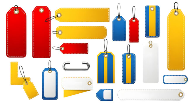 Collection of various blank price tags and labels in different shapes, colors, and sizes, isolated on transparent background