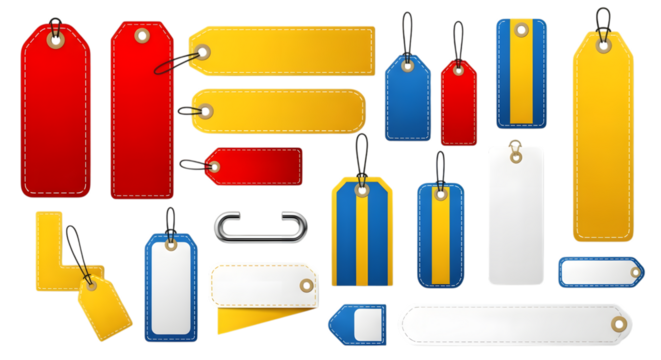 Collection of various blank price tags and labels in different shapes, colors, and sizes, isolated on transparent background