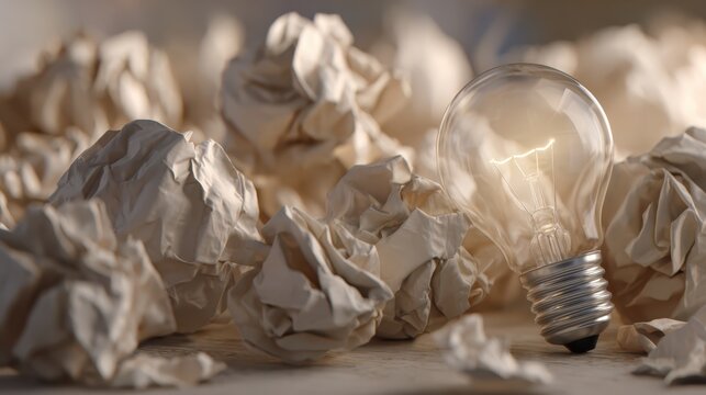 Bright light bulb surrounded by crumpled paper symbolizes ideas and creativity in a workspace setting
