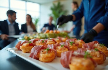 Waiter arranges snacks for corporate event. Food layout on table for business meeting. People discuss project at catering. Buffet serving at hotel restaurant event.