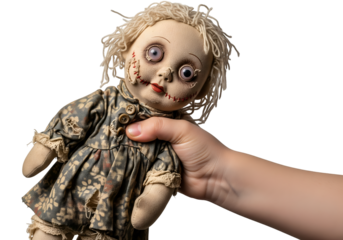 Children hand holding a creepy doll on transparent background