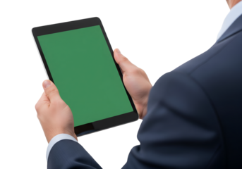 An unidentified businessman uses a green screen blank tablet on transparent background 
