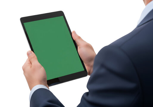 An unidentified businessman uses a green screen blank tablet on transparent background 
