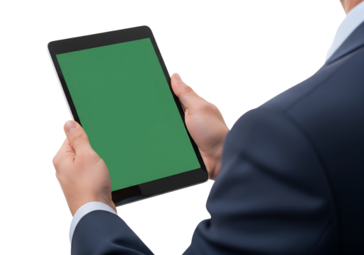 An unidentified businessman uses a green screen blank tablet on transparent background 