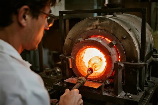 A craftsman works with molten glass in a furnace, using a blowpipe to shape the hot material.