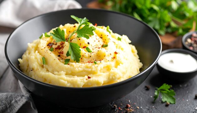 Close-up of creamy mashed potatoes in a dark bowl, garnished with herbs