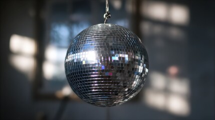 Shiny disco ball reflecting colorful lights in a well-lit room during a lively dance party or celebration