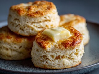 Golden Brown Biscuits with Melting Butter on a Dark Plate Close Up baked
