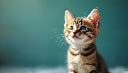 Cute tabby kitten with blue eyes gazes upwards. Soft fur detail, clean background, ideal for pet care or domestic animal themes. Adorable young feline curiosity.