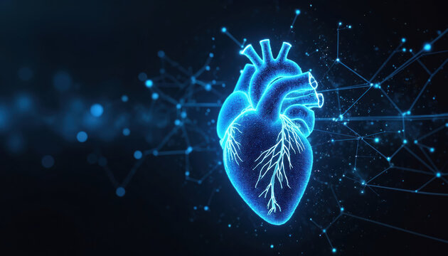 Abstract glowing blue human heart made of lines and dots, illustrating future medical technology. Network connections link digital organ on dark background, representing science and health care.