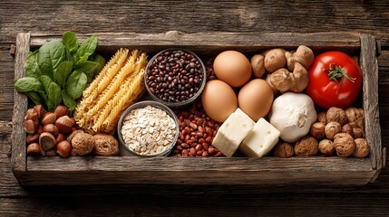 Healthy fitness food chart with variety of fresh ingredients arranged in wooden box top view clean eating diet nutrition concept for meal planning and weight loss background