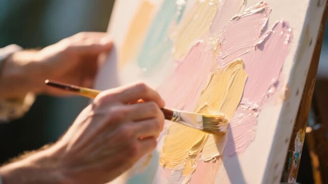 Artist hand painting colorful impasto texture on canvas with brush, showcasing vibrant hues and creative expression in every stroke