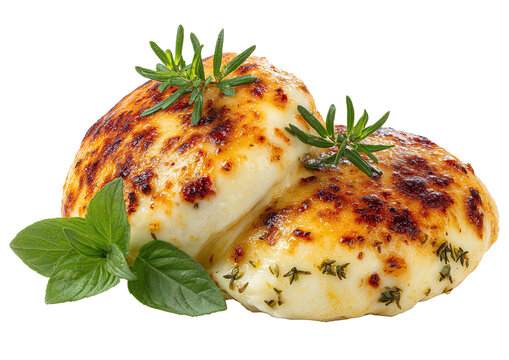 Baked cheese with herbs, golden crust, fresh basil