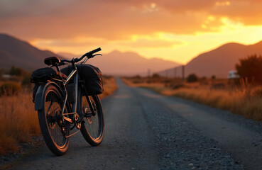 Obraz premium Loaded bicycle sits on dirt road at sunset. Mountains loom in distance, golden hour light paints the sky. Dry grass borders the path, evoking solitary journey.