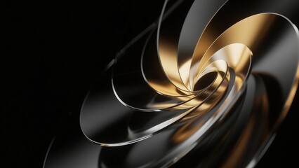 Luxurious Spiral Structure in Metallic Gold and Silver, 3D Render on Black Background