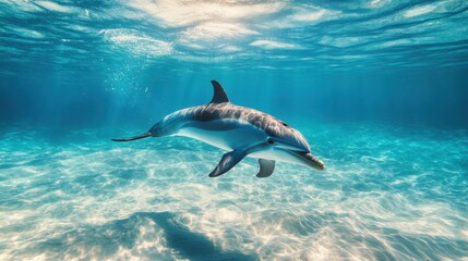 Naklejka premium Dolphin swims gracefully in clear blue water beneath sunlit waves in the ocean