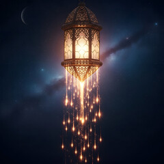 Glowing Ornate Arabian Lantern Under a Crescent Moon