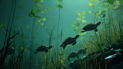 Group of freshwater turtles swimming peacefully among aquatic plants in clear green lake water under gentle sunlight perfect for nature education visuals and environmental concepts