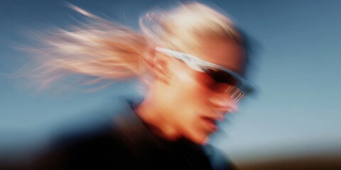 Motion blurred portrait of female runner in sunglasses during outdoor workout under bright sunlight concept of speed energy and athletic lifestyle ideal for sport campaigns