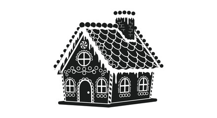Intricate black and white silhouette of a festive gingerbread house decorated with icing and candy details
