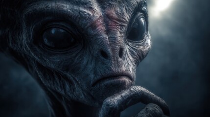 Obraz premium Cinematic portrait of mysterious alien with large dark eyes under cold blue light concept of extraterrestrial intelligence and science fiction atmosphere