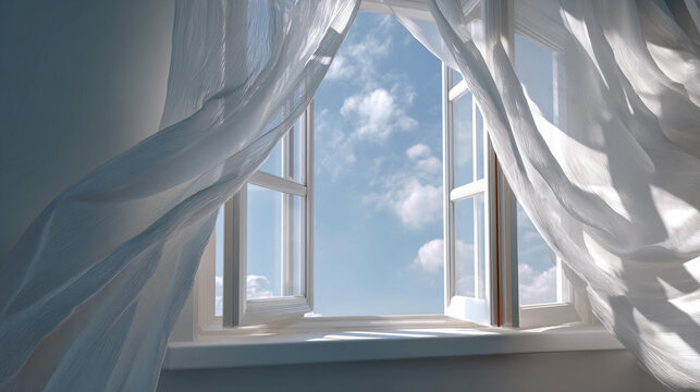 Soft curtains sway in the gentle breeze by the open window