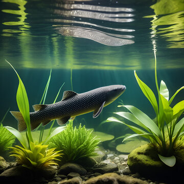 Lungfish Swimming in Murky Water with Aquatic Plants and Sunbeams