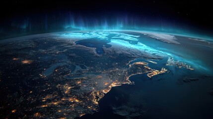 View of Earth at night showcasing city lights and auroras over North America from outer space