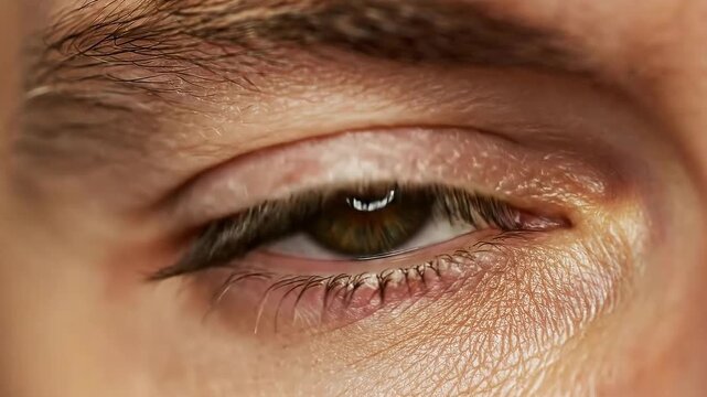 Close-up macro extreme detail of a human eye with a distinct circular reflection in the iris showcasing intricate patterns and textures under soft studio lighting with a