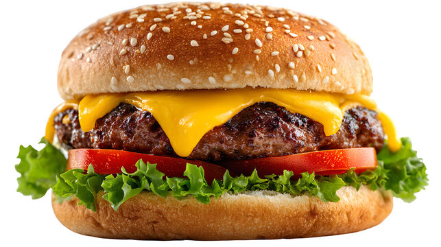 Gourmet cheeseburger with melted cheese, lettuce, tomato, and sesame seed bun, juicy and detailed, isolated on white background 