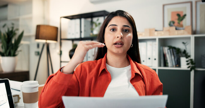 Video call, portrait and business woman in office for creative pitch, story ideas and feedback with editor. Media agency, copywriting and pov of person for virtual meeting, article and publication - Powered by Adobe