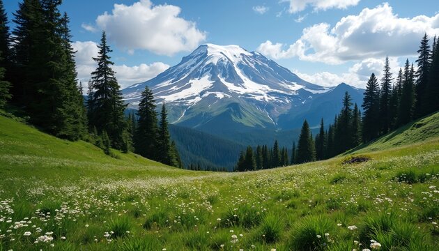 Majestic snow capped mountain looms over green valley. Summer meadow blooms with white wildflowers on grassy hill. Tall evergreen fir forest grows under blue sky. Beautiful scenic landscape of Mount - Powered by Adobe