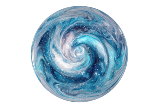 Swirling blues, white, and blacks form a sphere