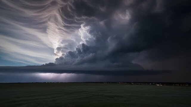 Cinematic time-lapse of massive dark supercell thunderstorm cloud system rotating rapidly, powerful weather and natural phenomena background.