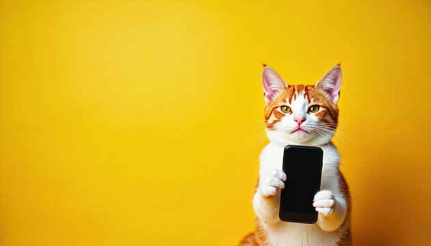 Ginger cat holds smartphone. Cute pet uses mobile phone against yellow background. Adorable kitty looks at screen. Funny animal portrait shows curiosity on bright backdrop. Playful feline shows